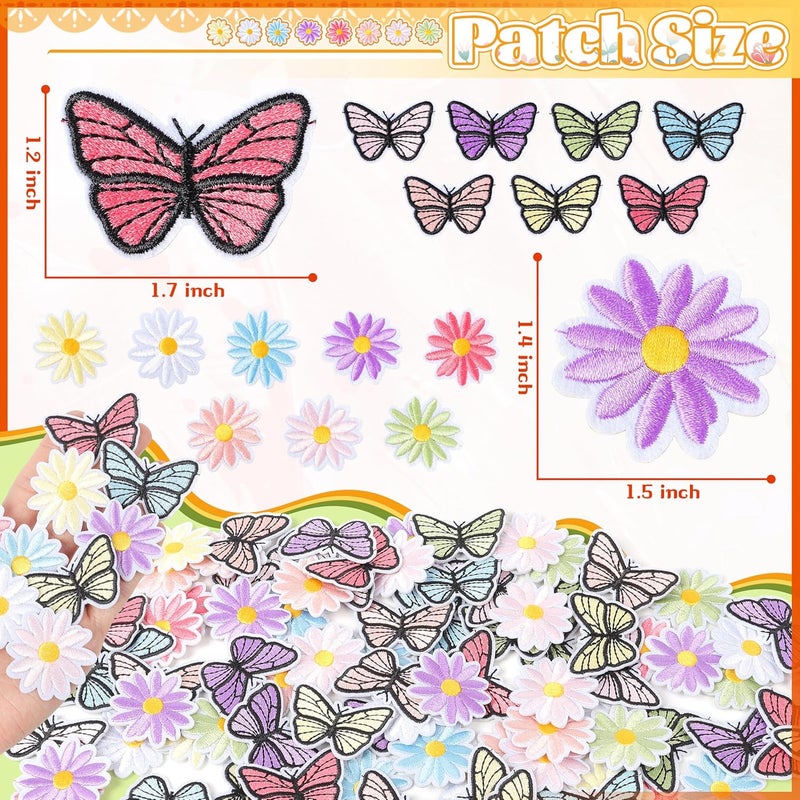 NICEVINYL Flower Iron on Patches for Clothing: 90pcs Multicolor Cute Daisy Flower Applique Patches Sew on Backpacks - Butterfly Embroidered Patches for Jeans Jackets Tote Bags Hats - Image 2